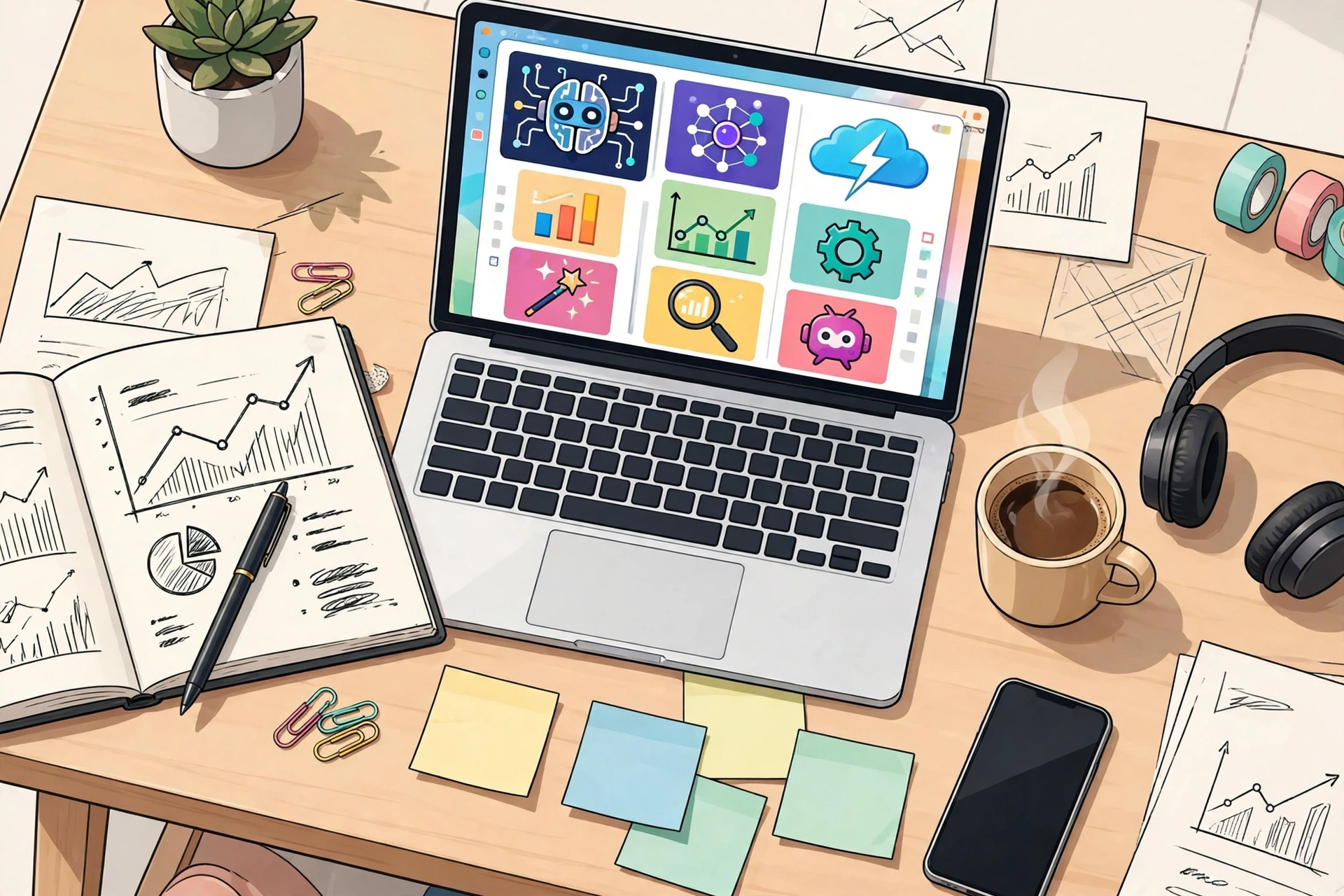 AI tools on a blogger's laptop workspace