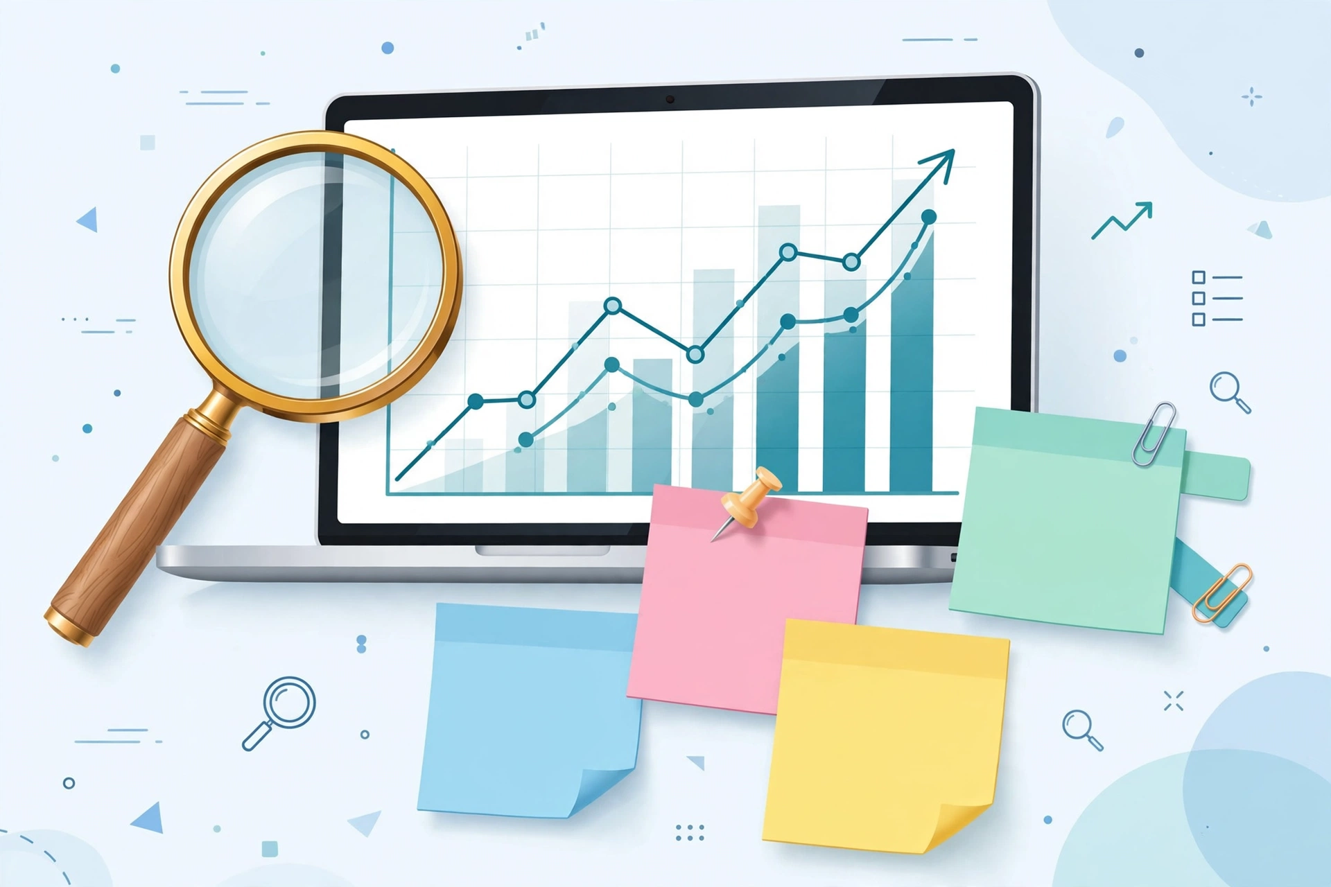Keyword research graph with a magnifying glass
